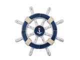 Handcrafted Model Ships rustic-dark-blue-white-sw-12-anchor Rustic Dark Blue And White Decorative Ship Wheel With Anchor 12