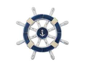 Handcrafted Model Ships rustic-dark-blue-white-sw-12-anchor Rustic Dark Blue And White Decorative Ship Wheel With Anchor 12"