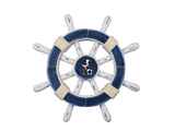 Handcrafted Model Ships rustic-dark-blue-white-sw-12-seagull Rustic Dark Blue And White Decorative Ship Wheel With Seagull 12