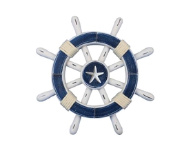 Handcrafted Model Ships rustic-dark-blue-white-sw-12-starfish Rustic Dark Blue And White Decorative Ship Wheel With Starfish 12"