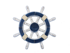 Handcrafted Model Ships Rustic-Dark-Blue-White-SW-12 Rustic Dark Blue and White Decorative Ship Wheel 12"