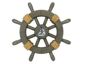 Handcrafted Model Ships Rustic-Grey-SW-12-Sailboat Antique Decorative Ship Wheel With Sailboat 12"