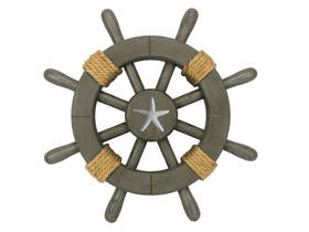 Handcrafted Model Ships Rustic-Grey-SW-12-Starfish Antique Decorative Ship Wheel With Starfish 12"