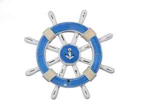 Handcrafted Model Ships rustic-light-blue-and-white-sw-12-anchor Rustic Light Blue And White Decorative Ship Wheel With Anchor 12"