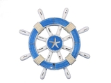 Handcrafted Model Ships rustic-light-blue-and-white-sw-12-starfish Rustic Light Blue And White Decorative Ship Wheel With Starfish 12