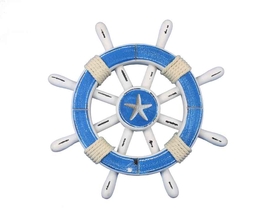 Handcrafted Model Ships rustic-light-blue-and-white-sw-12-starfish Rustic Light Blue And White Decorative Ship Wheel With Starfish 12"