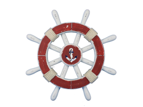 Handcrafted Model Ships Rustic-Red-and-White-SW-12-Anchor Rustic Red And White Decorative Ship Wheel With Anchor 12"