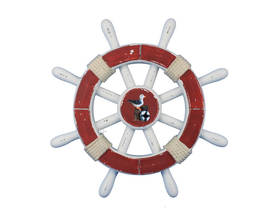 Handcrafted Model Ships Rustic-Red-and-White-SW-12-Seagull Rustic Red And White Decorative Ship Wheel With Seagull 12"