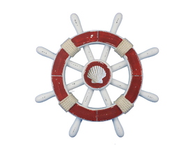 Handcrafted Model Ships Rustic-Red-and-White-SW-12-Seashell Rustic Red And White Decorative Ship Wheel With Seashell 12"