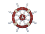 Handcrafted Model Ships Rustic-Red-and-White-SW-12-Starfish Rustic Red And White Decorative Ship Wheel With Starfish 12