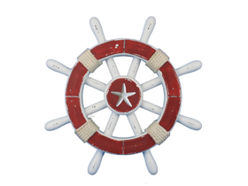 Handcrafted Model Ships Rustic-Red-and-White-SW-12-Starfish Rustic Red And White Decorative Ship Wheel With Starfish 12"