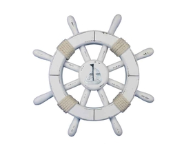 Handcrafted Model Ships rustic-white-sw-12-sailboat Rustic White Decorative Ship Wheel With Sailboat 12"