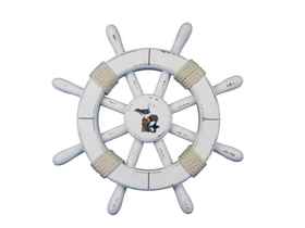 Handcrafted Model Ships rustic-white-sw-12-seagull Rustic White Decorative Ship Wheel With Seagull 12"