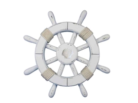 Handcrafted Model Ships rustic-white-sw-12-seashell Rustic White Decorative Ship Wheel With Seashell 12"