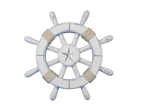 Handcrafted Model Ships rustic-white-sw-12-starfish Rustic White Decorative Ship Wheel With Starfish 12"