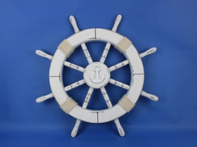 Handcrafted Model Ships Rustic-White-SW-Anchor-18 Rustic White Decorative Ship Wheel with Anchor 18"