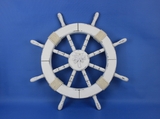 Handcrafted Model Ships Rustic-White-SW-Palm-Tree-18 Rustic White Decorative Ship Wheel with Palm Tree 18