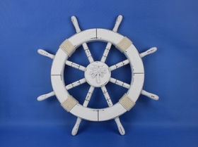 Handcrafted Model Ships Rustic-White-SW-Palm-Tree-18 Rustic White Decorative Ship Wheel with Palm Tree 18"