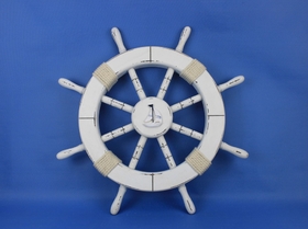 Handcrafted Model Ships Rustic-White-SW-Sailboat-18 Rustic White Decorative Ship Wheel with Sailboat 18"
