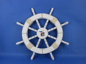 Handcrafted Model Ships Rustic-White-SW-Seagull-and-Lifering-18 Rustic White Decorative Ship Wheel with Seagull and Lifering 18"