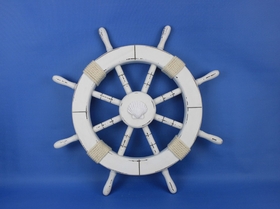 Handcrafted Model Ships Rustic-White-SW-Seashell-18 Rustic White Decorative Ship Wheel with Seashell 18"