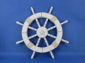 Handcrafted Model Ships Rustic-White-SW-Starfish-18 Rustic White Decorative Ship Wheel with Starfish 18"