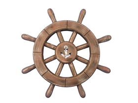 Handcrafted Model Ships rustic-wood-sw-12-anchor Rustic Wood Finish Decorative Ship Wheel With Anchor 12"