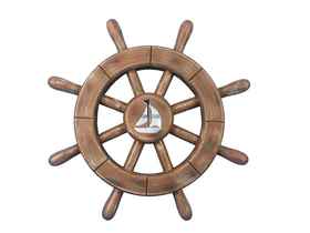 Handcrafted Model Ships rustic-wood-sw-12-sailboat Rustic Wood Finish Decorative Ship Wheel With Sailboat 12"
