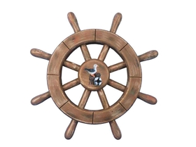 Handcrafted Model Ships rustic-wood-sw-12-seagull Rustic Wood Finish Decorative Ship Wheel With Seagull 12"