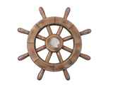 Handcrafted Model Ships rustic-wood-sw-12-seashell Rustic Wood Finish Decorative Ship Wheel With Seashell 12