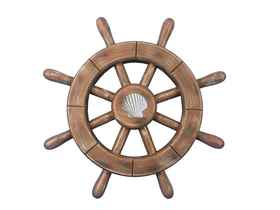 Handcrafted Model Ships rustic-wood-sw-12-seashell Rustic Wood Finish Decorative Ship Wheel With Seashell 12"