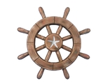 Handcrafted Model Ships rustic-wood-sw-12-starfish Rustic Wood Finish Decorative Ship Wheel With Starfish 12
