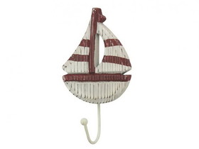 Handcrafted Model Ships Sailboat-301 Wooden Rustic Decorative Red and White Sailboat with Hook 7&quot;