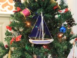 Handcrafted Model Ships Sailboat9-103-XMAS Wooden Blue Sailboat with Blue Sails Christmas Tree Ornament 9