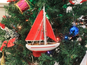 Handcrafted Model Ships Sailboat9-105-XMAS Wooden Red Sailboat Model with Red Sails Christmas Tree Ornament 9"