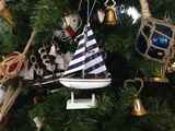 Handcrafted Model Ships sailboat9-109-XMAS Wooden Blue Striped Model Sailboat Christmas Tree Ornament