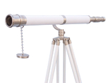 Handcrafted Model Ships ST-0117 BN-WL Floor Standing Brushed Nickel With White Leather Galileo Telescope 65