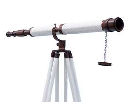 Handcrafted Model Ships ST-0117 BZ-WL Floor Standing Bronzed With White Leather Galileo Telescope 65"