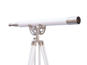 Handcrafted Model Ships ST-0148 BN-WL Floor Standing Brushed Nickel With White Leather Anchormaster Telescope 65"