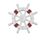 Handcrafted Model Ships SW-12-102-shell Rustic White Decorative Ship Wheel with Red Rope and Seashell 12"