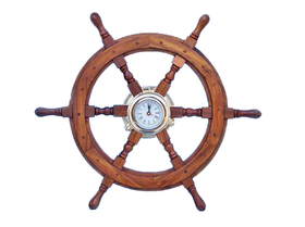 Handcrafted Model Ships SW-1721A Deluxe Class Wood And Brass Ship Wheel Clock 24"