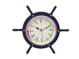 Handcrafted Model Ships SW-1753-CH-Blue Dark Blue Wood And Chrome Ship Wheel Clock 15"