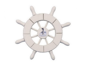 Handcrafted Model Ships SW-6-101-Sailboat-NH White Decorative Ship Wheel With Sailboat 6&quot;