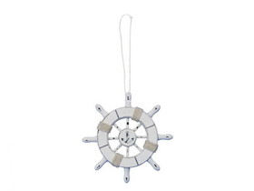 Handcrafted Model Ships SW-6-102-anchor-x Rustic White Decorative Ship Wheel With Anchor Christmas Tree Ornament 6&quot;