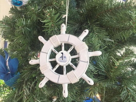 Handcrafted Model Ships SW-6-102-Sailboat-X Rustic White Decorative Ship Wheel With Sailboat Christmas Tree Ornament 6"