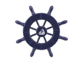 Handcrafted Model Ships SW-6-104-Sailboat-NH Dark Blue Decorative Ship Wheel With Sailboat 6&quot;