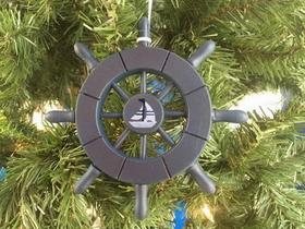Handcrafted Model Ships SW-6-104-Sailboat-X Dark Blue Decorative Ship Wheel With Sailboat Christmas Tree Ornament 6"