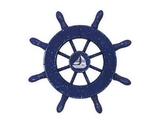Handcrafted Model Ships SW-6-105-Sailboat-NH Rustic Dark Blue Decorative Ship Wheel With Sailboat 6"