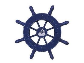 Handcrafted Model Ships SW-6-105-Sailboat-NH Rustic Dark Blue Decorative Ship Wheel With Sailboat 6&quot;