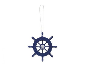 Handcrafted Model Ships SW-6-105-seashell-x Rustic Dark Blue Decorative Ship Wheel With Seashell Christmas Tree Ornament 6"